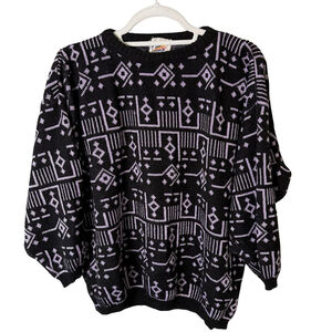 Tree-Ko Vintage 80s 90s Black and Metallic Lavender Geometric Sweater Size M L